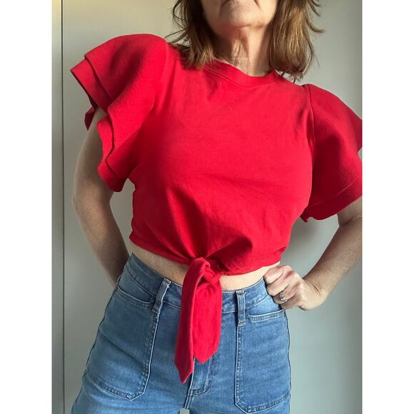 Womens Red Tops Size Small Ruffled Sleeves Cropped Front Tie Dolan Anthropologie - Picture 1 of 10
